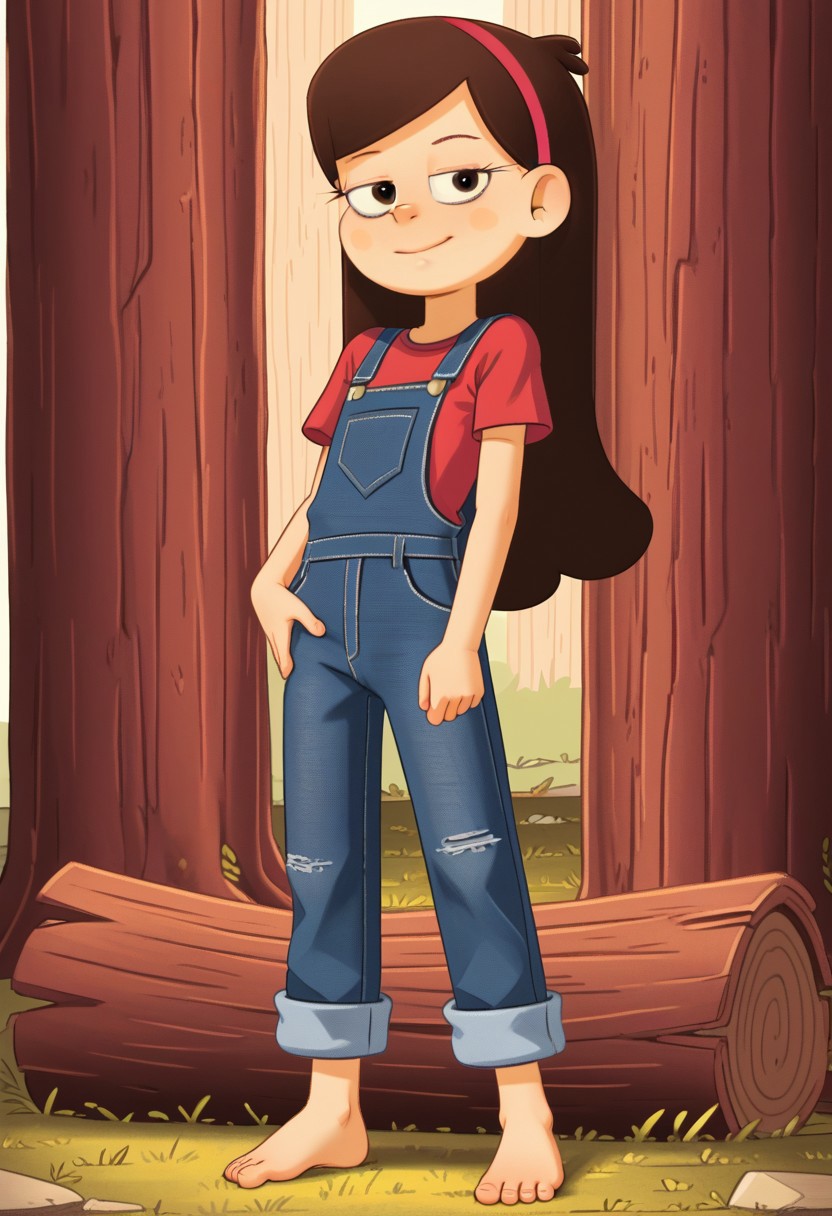 Well drawn, bold outline,
2d, vector, line, detailed, perfect hands,
gravity falls, mabel pines,
Long hair, brown hair, pink hairband, 
Shorty, skinny, undersized, thin, petite, flat chested, 
Half closed eyes,
brown eyes, eyelashes, snake eyes. 
Fit brawny body,
Muscular, 
denim overalls,
red sports top.,
barefoot, on tiptoes, parted legs, shacking ass dance,