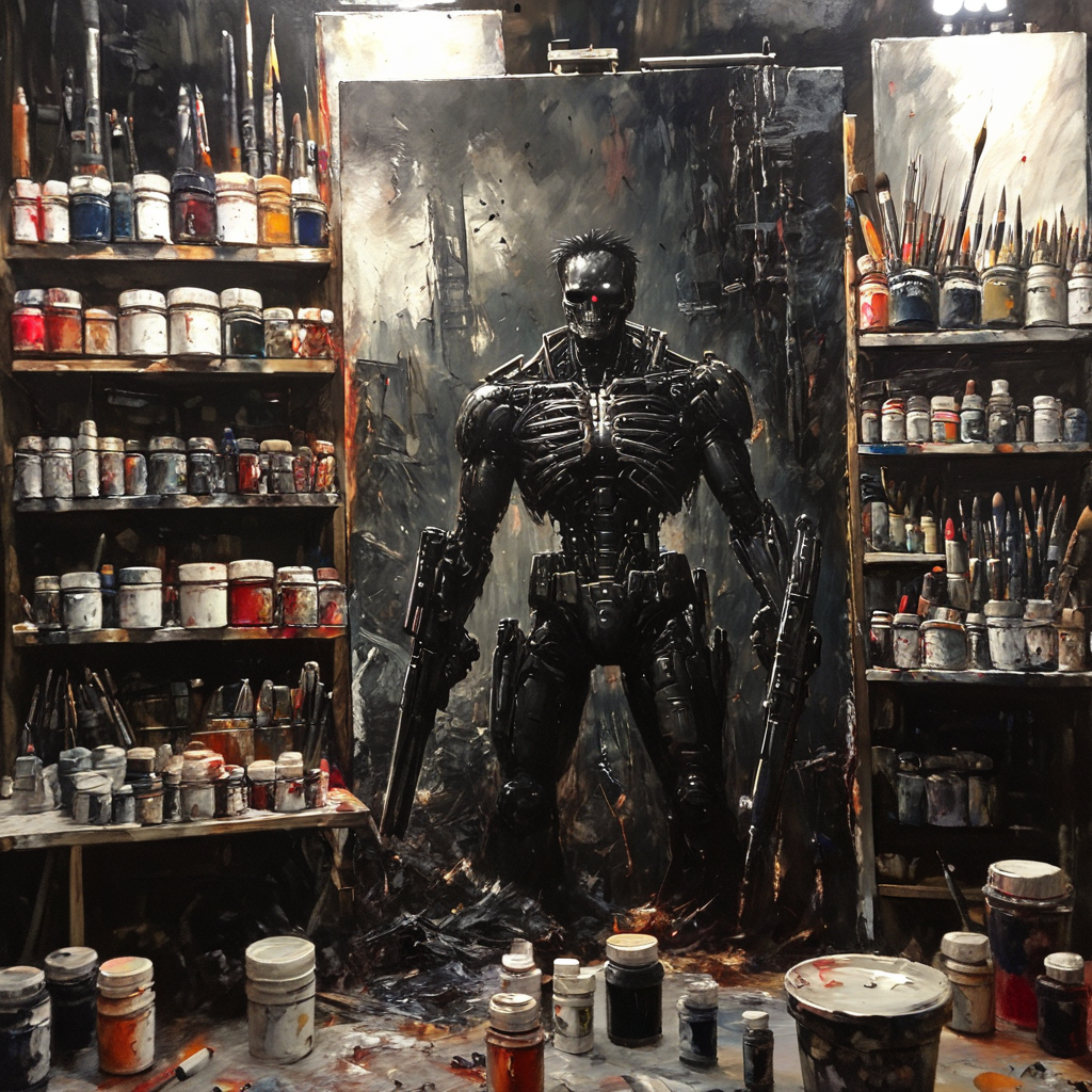 oneironartifex onefex a painting in a painting studio, terminator, darkness, very detailed<lora:oneironartifex:1.2>
