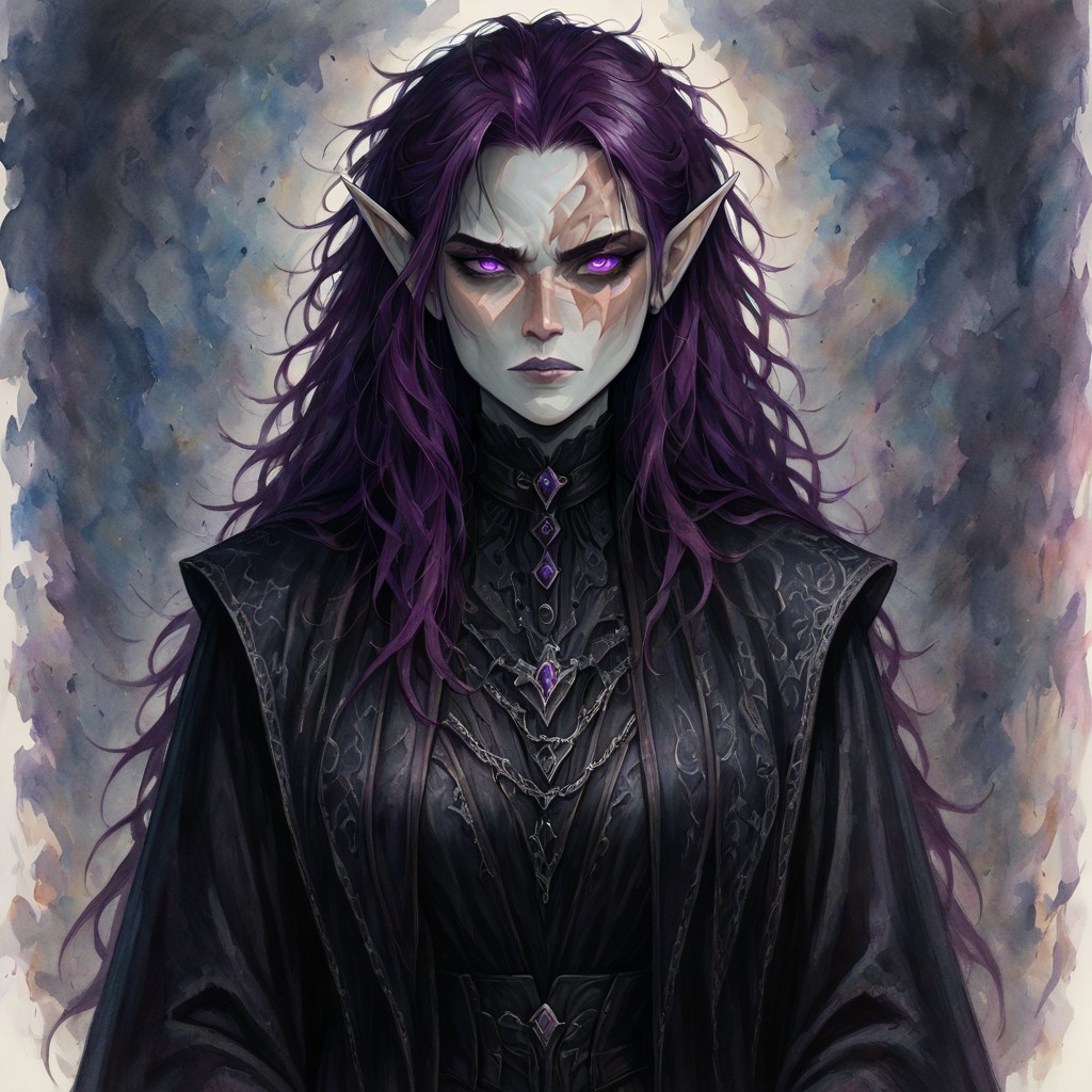  masterpiece, best quality, newest, absurdres, highres, VWCPV1.0, watercolor (medium), 
1girl, goth, gothic, goth fashion, victorian, elf, coreset, messy hair, scar, scars, scar on face, robe, medival, medival clothing, mature, mature female,
Purple hair, Purple eyes, grey skin, colored skin, grey colored skin,