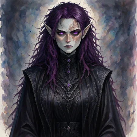 masterpiece, best quality, newest, absurdres, highres, VWCPV1.0, watercolor (medium),
1girl, goth, gothic, goth fashion, victorian, elf, coreset, messy hair, scar, scars, scar on face, robe, medival, medival clothing, mature, mature female,
Purple hair, Purple eyes, grey skin, colored skin, grey colored skin,