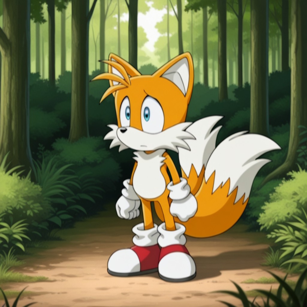 masterpiece, best quality, amazing quality, tailsSXil, anthro, male, fox, orange fur, blue eyes, white gloves, white socks, red shoes, two tails, standing, in forest,, <lora:46db2c0a-97e9-443a-80d8-179db151a41e:1.0>