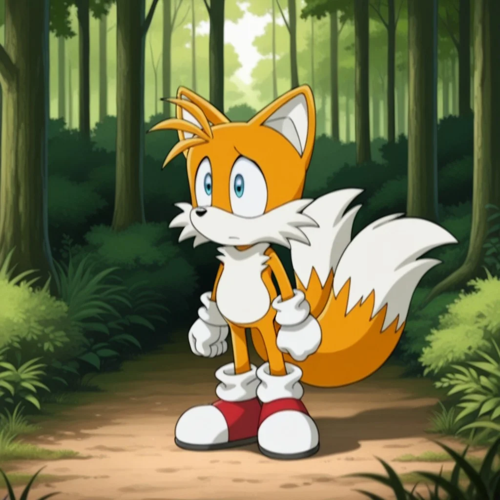 masterpiece, best quality, amazing quality, tailsSXil, anthro, male, fox, orange fur, blue eyes, white gloves, white socks, red shoes, two tails, standing, in forest,, <lora:46db2c0a-97e9-443a-80d8-179db151a41e:1.0>