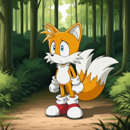 masterpiece, best quality, amazing quality, tailsSXil, anthro, male, fox, orange fur, blue eyes, white gloves, white socks, red shoes, two tails, standing, in forest,, <lora:46db2c0a-97e9-443a-80d8-179db151a41e:1.0>