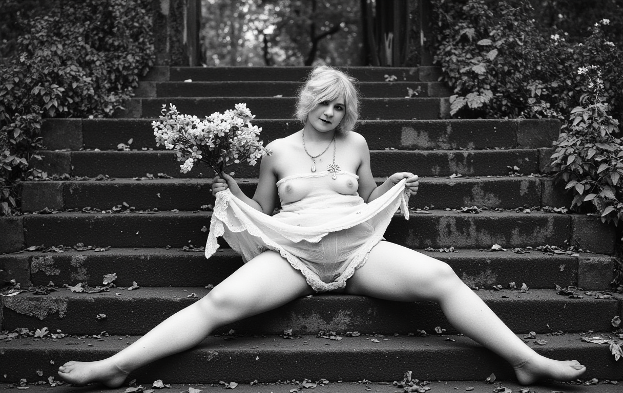 V1nt4g3 . F4sh10n This is a black and white photograph from the late 19th or early 20th century, featuring vibrant environment, surrounded by dense foliage and towering trees, a young woman sits on stone stairs, her slender figure clad in a vintage dress The stairs are weathered and worn, covered in moss and lichen, as if they've been reclaimed by the surrounding vegetation.

her blonde hair is styled in cute, curly locks that frame her heart-shaped face and accentuate her large, expressive eyes. Her skin is smooth and unblemished, with a subtle sheen that hints at her  vitality.

As she sits on the stairs, she lifts her skirt up with her right hand, exposing her genital area to the surrounding environment. The fabric of her skirt is delicate and lace-trimmed, with intricate details that add to the overall aesthetic of her cosplay outfit.

In her left hand, she holds a bouquet of colorful flowers - cherry blossoms, perhaps - which adds a touch of innocence and purity to the scene. The flowers seem to glow with a soft, ethereal light that contrasts with the more provocative pose she's adopting.

As she spreads her legs apart, revealing more of herself to the surrounding environment, the woman seems lost in thought. Her eyes are cast downward, as if she's contemplating some inner truth or hidden secret. The air around her seems heavy with anticipation and possibility.

The stone stairs beneath her seem worn smooth by time and weathering processes. They blend seamlessly into the surrounding landscape as if they're an organic part of it rather than something constructed by human hands
.