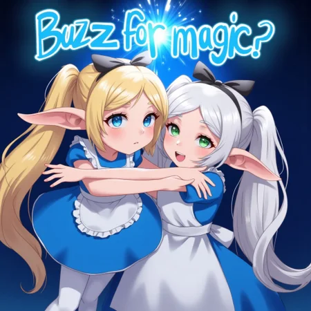 AliceWaifu, blue eyes, blue dress, white pantyhose, apron, black bow, blonde, nereirfpnxl, frieren, elf, pointy ears, green eyes, white hair, twintails
((Fusion of Alice and Frieren using magic to make the words "Buzz for magic?" above their heads, solo, 1girl))