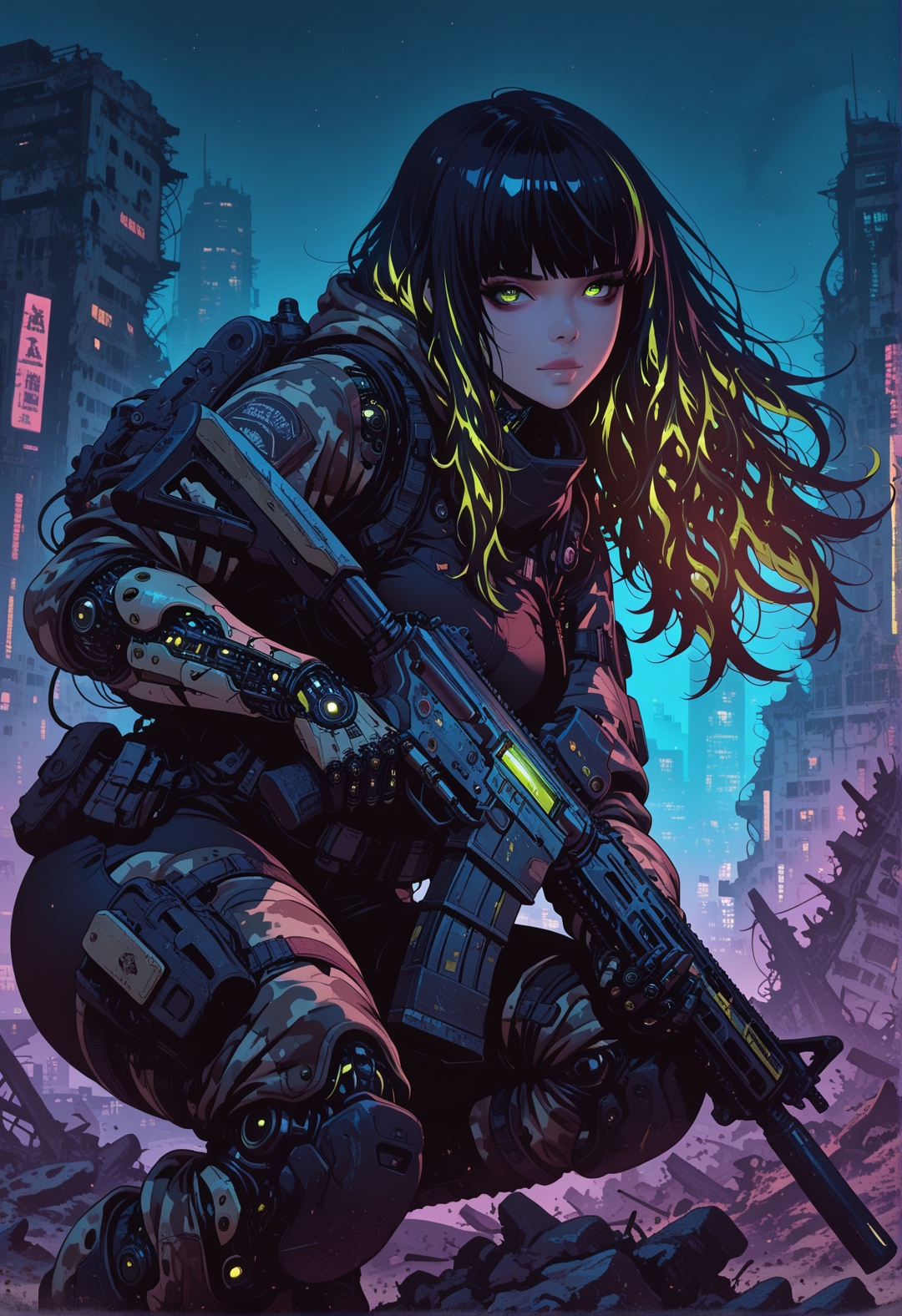 <lora:ck-nc-cyberpunk-IL-000011:0.4>, masterpiece, best quality, good quality, very aesthetic, absurdres, newest, 8K, depth of field, focused subject,
dynamic angle, side view, action shot, 1girl, cyberpunk cyborg, looking at viewer, fierce look, (camouflage glowing hair:1.2), long hair, the cyborg is very sinister and dangerous, cross_draw, AR15 rifle, assault rifle, rifle_draw, one_hand_on_trigger, trigger discipline, black desert, arid environment, city, ruins, nightvision, at night,
in the style of cknc,
<lora:MoriiMee_Gothic_Niji_Style_Illustrious_r1:0.45>
 <lora:ck-shadow-circuit-IL:0.78>
 <lora:ck-Sommo-Concept-Art-IL:0.6>
