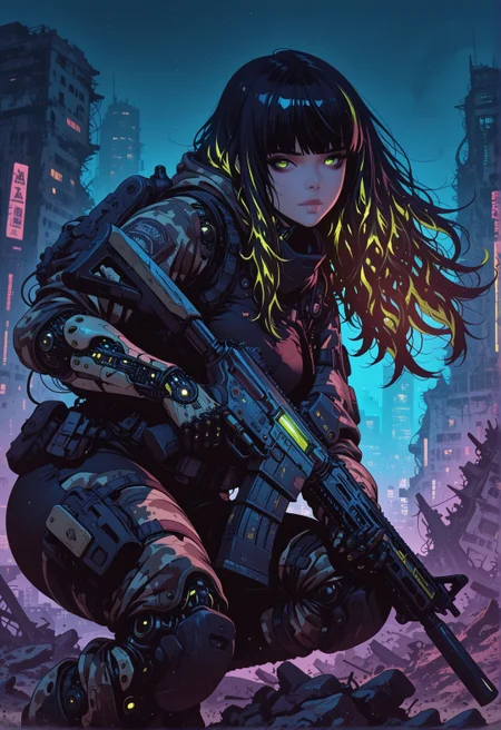 <lora:ck-nc-cyberpunk-IL-000011:0.4>, masterpiece, best quality, good quality, very aesthetic, absurdres, newest, 8K, depth of field, focused subject,
dynamic angle, side view, action shot, 1girl, cyberpunk cyborg, looking at viewer, fierce look, (camouflage glowing hair:1.2), long hair, the cyborg is very sinister and dangerous, cross_draw, AR15 rifle, assault rifle, rifle_draw, one_hand_on_trigger, trigger discipline, black desert, arid environment, city, ruins, nightvision, at night,
in the style of cknc,
<lora:MoriiMee_Gothic_Niji_Style_Illustrious_r1:0.45>
 <lora:ck-shadow-circuit-IL:0.78>
 <lora:ck-Sommo-Concept-Art-IL:0.6>