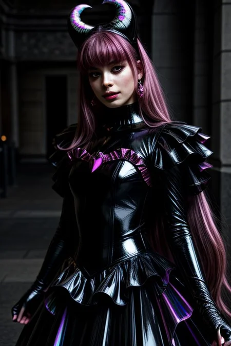 evil corrupted young princess wearing dark pastel (ruffled:1) (gleaming rubber:1.5) EvlSM DarkPrecure Bad_End_Precure gown with (long rubber cape:1) and rubber elbow bridal gauntlets, (Perfect Face:1), soft lighting, glossy red lips, ruffles,