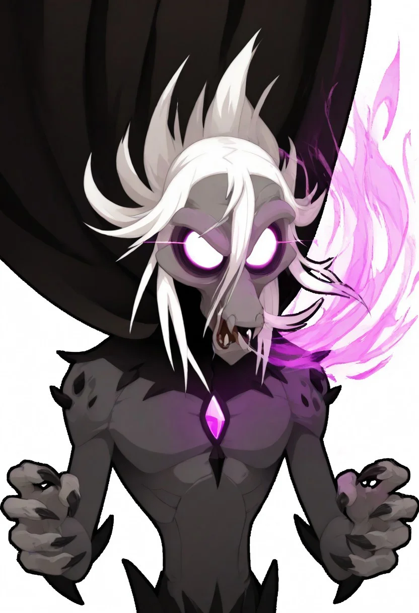 (WakfuMMOArt, black outlines, thick outlines), upper body shot, upper body only, Toross_Mordal, 1man, grey bodysuit, black cape, purple eyes, white hair, cape blowing in the wind, fangs, hair between eyes, glowing eyes, no pupils, wind lines, purple glow, angry look, dynamic pose, clenching first of rage, simple white background, masterpiece, best quality, very aesthetic,