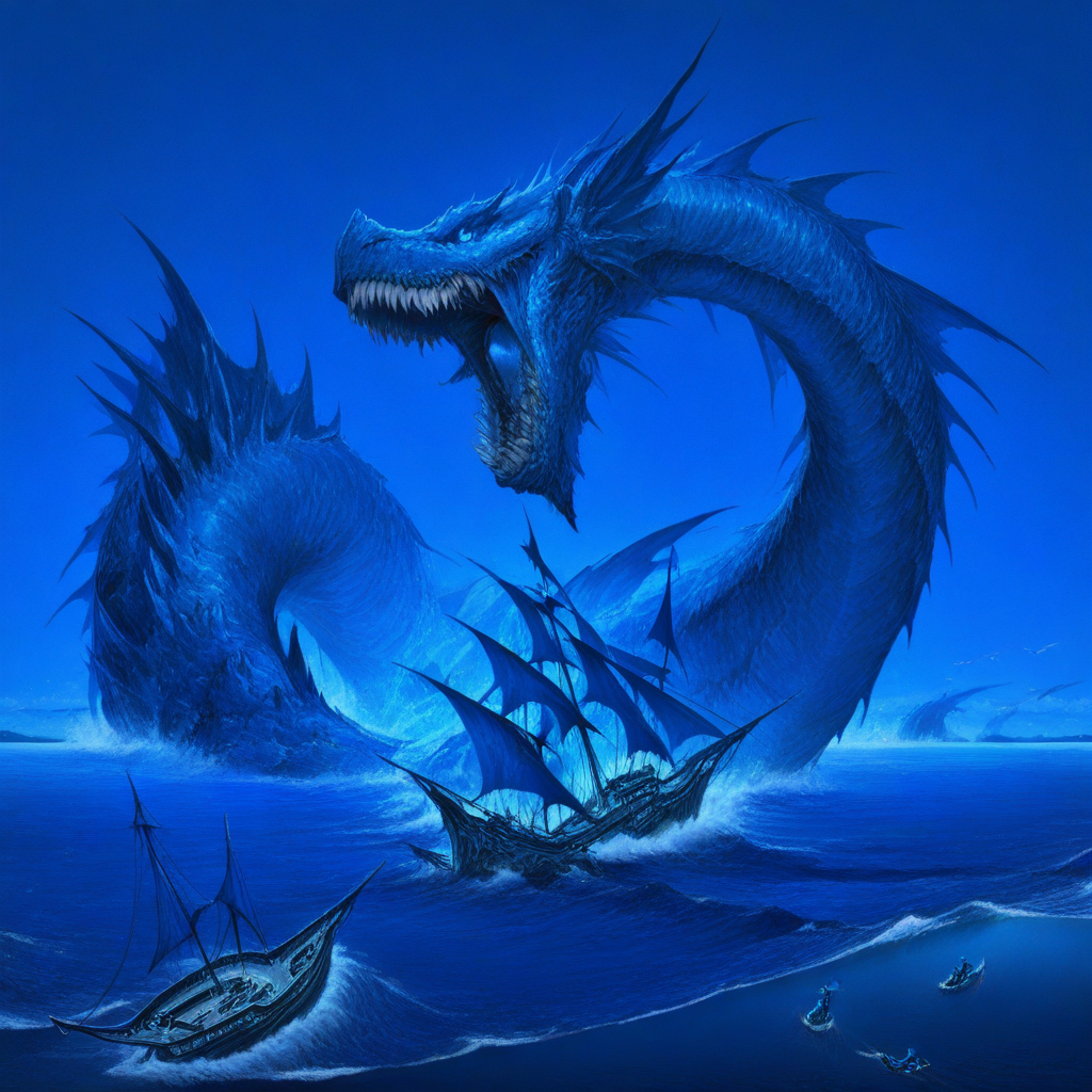 masterpiece, best quality, newest, absurdres, highres, AQDRV1.0, dragon, ocean, blue theme, wings, teeth, sharp teeth, monster, giant, sea, ship, battle,