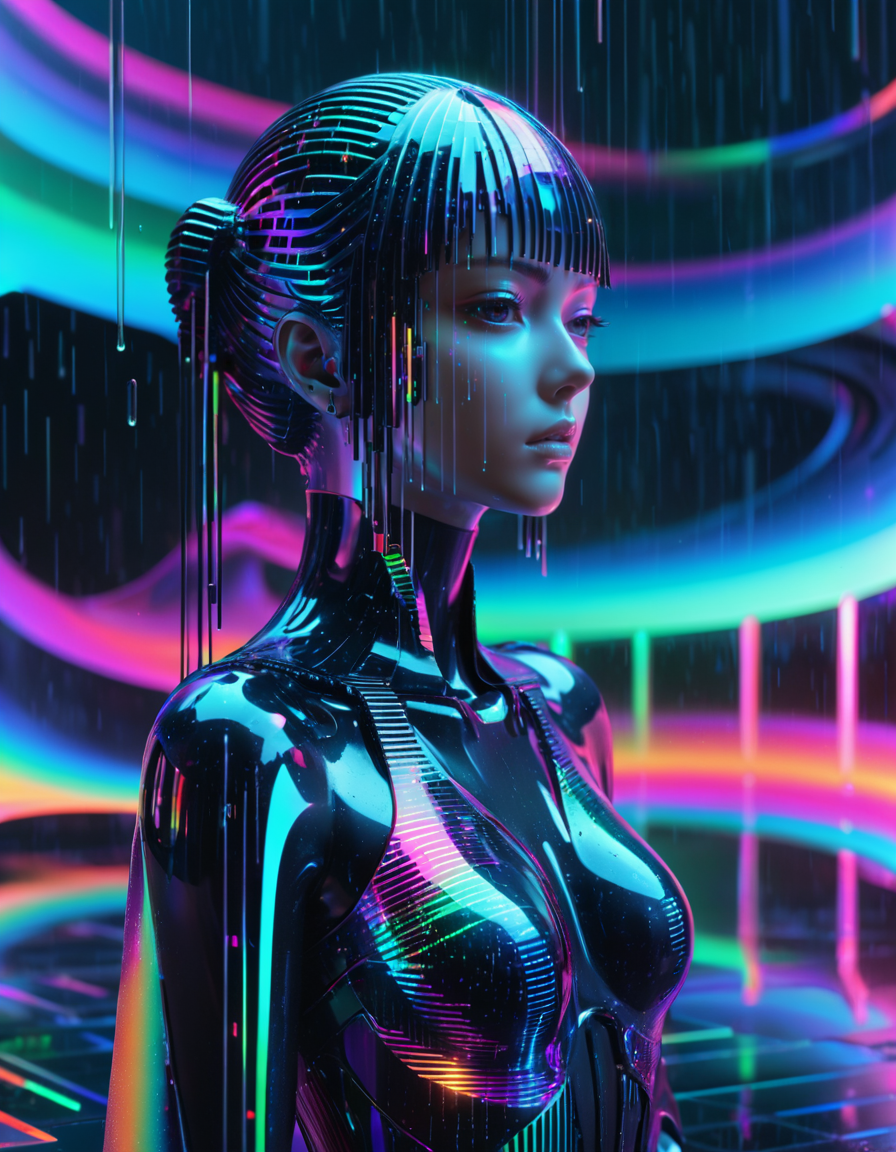 made out of ral-hlgrphic, Anime, "Everybody wants to rule the world.", Raining, classical sculpture, handmade, reminiscent of cyberpunk genre video games, high tech, <lora:ral-hlgrphic-sdxl:0.7>, magical composition, highly decorated, complex, dynamic composition, located artistic, ambient, deep aesthetic