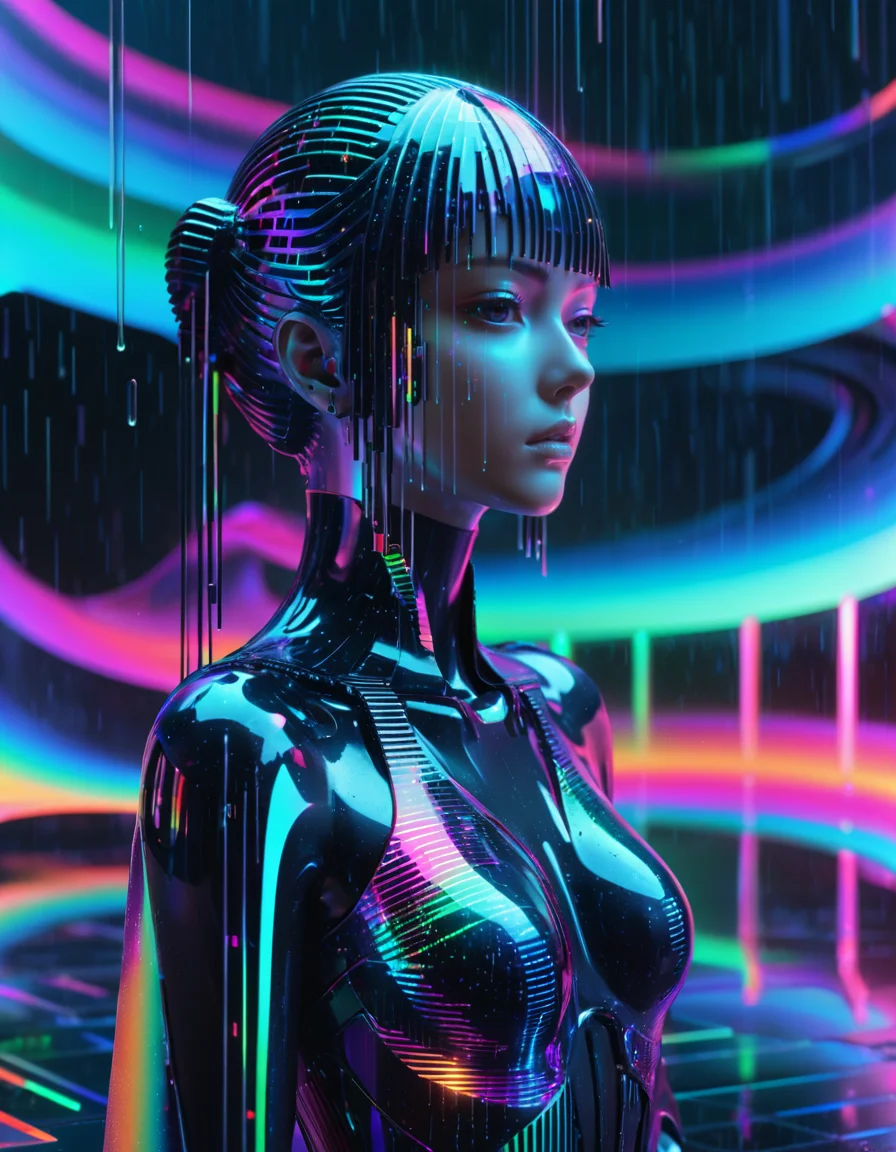 made out of ral-hlgrphic, Anime, "Everybody wants to rule the world.", Raining, classical sculpture, handmade, reminiscent of cyberpunk genre video games, high tech, <lora:ral-hlgrphic-sdxl:0.7>, magical composition, highly decorated, complex, dynamic composition, located artistic, ambient, deep aesthetic