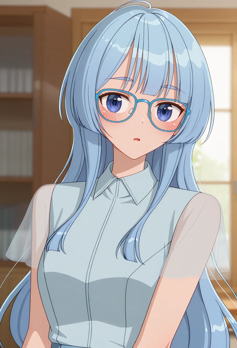 <lora:SEIHA SHIUNJI:1>,
SEIHA SHIUNJI, solo, glasses, looking at viewer, blue-framed eyewear, upper body, see-through sleeves, blush, see-through, blue shirt, indoors, shirt, parted lips, open mouth, blurry, sidelocks