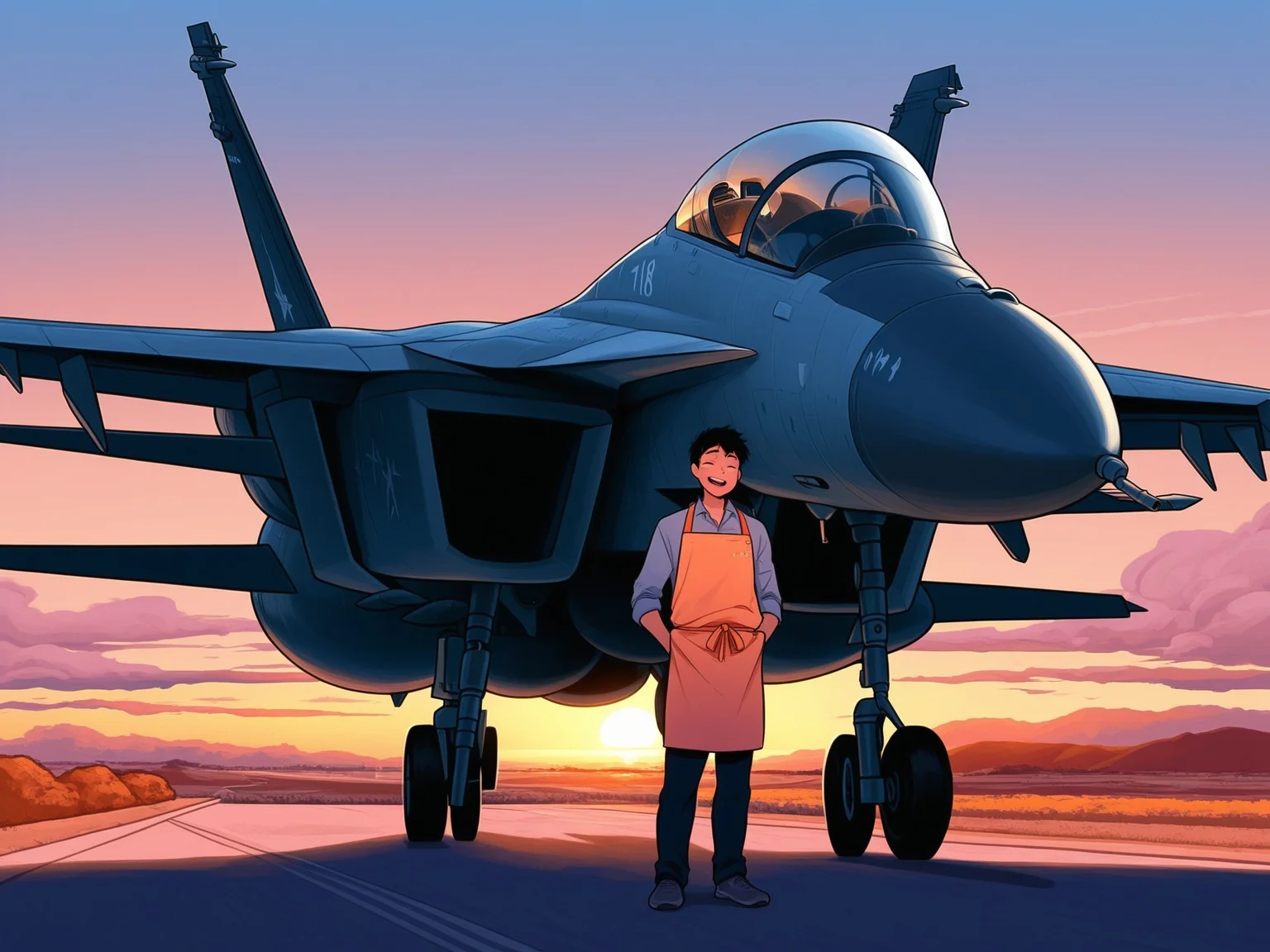 <lora:FA-18_Illustrious:1.0>,f/a-18, male focus, pilot, apron, backyard barbecue on an airbase ramp, fighter jet parked, smoke, relaxed weekend atmosphere, sunset light, warm color palette, humorous slice of life, masterpiece, best quality, amazing quality