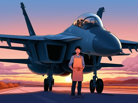 <lora:FA-18_Illustrious:1.0>,f/a-18, male focus, pilot, apron, backyard barbecue on an airbase ramp, fighter jet parked, smoke, relaxed weekend atmosphere, sunset light, warm color palette, humorous slice of life, masterpiece, best quality, amazing quality