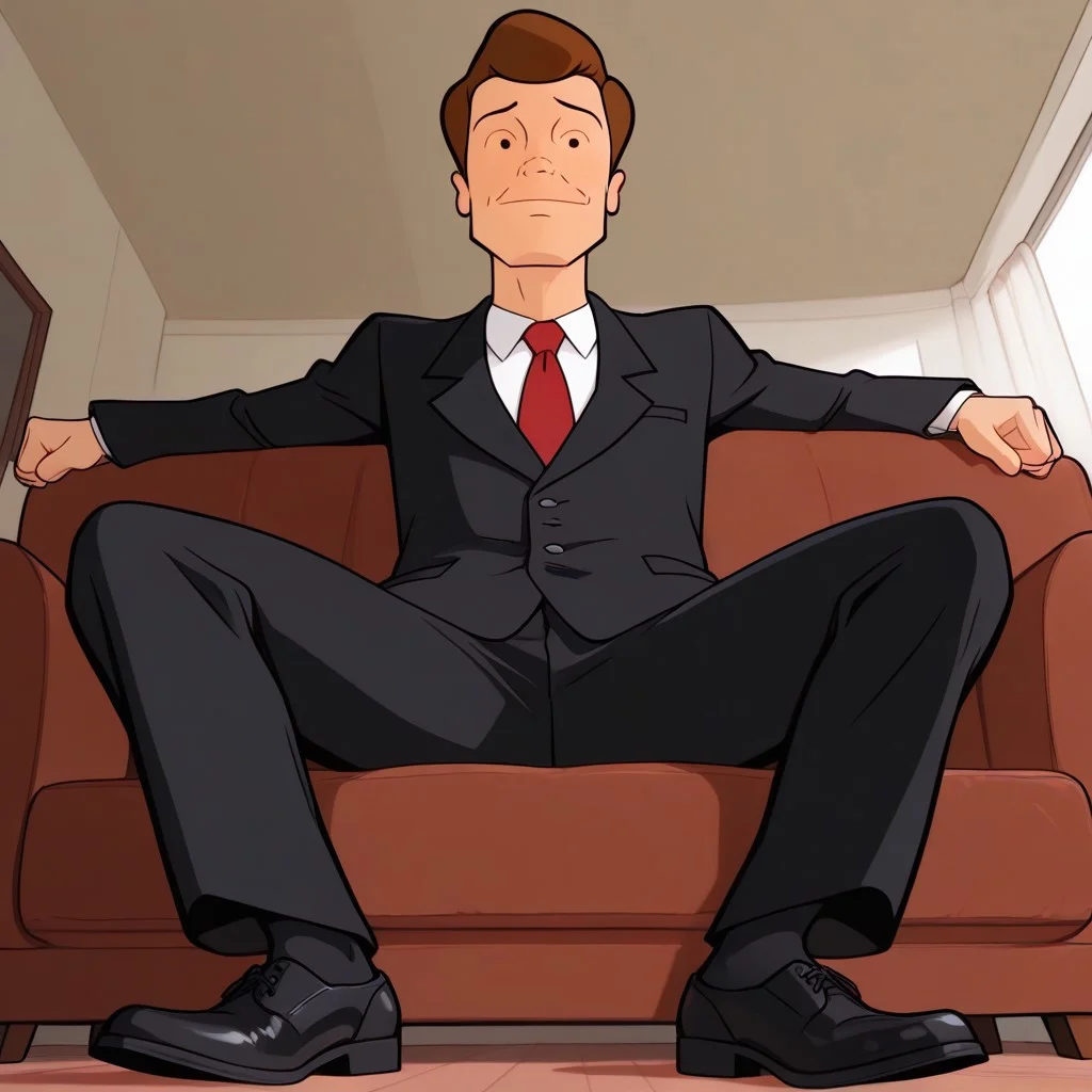 solo, Expressiveh, source, (((in the style of daria))),
low frame rate animation, flat 2D style, muted colors, minimal shading, clean outlines, perfect face, perfect eyes, perfect body, small head, perfect head, tall,
BREAK
male, (((solo))),
(((dada ))),
black satin suit, vertical buttons,
red tie,
white collar under shirt with cuffs on arms, black shiny dress shoes,
brown hair, black circle eyes,
BREAK
sitting on couch, lying back, thumbs up, towards viewer, (((form below:1.8))), modern bedroom, white walls,
indoors, modern bedroom,
,(masterpiece, best quality, absurdres, highres), lighting),amazing quality, very aesthetic, (volumetric lighting), digital art style, drawn aesthetic, concept painting, ultrahigh definition,