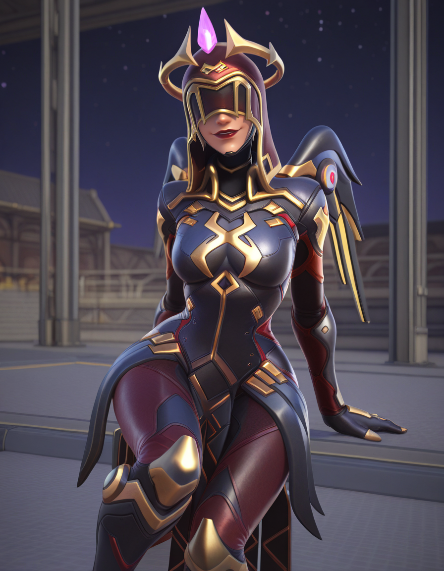 Masterpiece, high-res, 2k, best quality, 3d, solo focus,infinite seer mercy, mercy (overwatch)  , at night, Sitting on a step gazing downward<lora:Infinite_seer_Illus-000034:1>