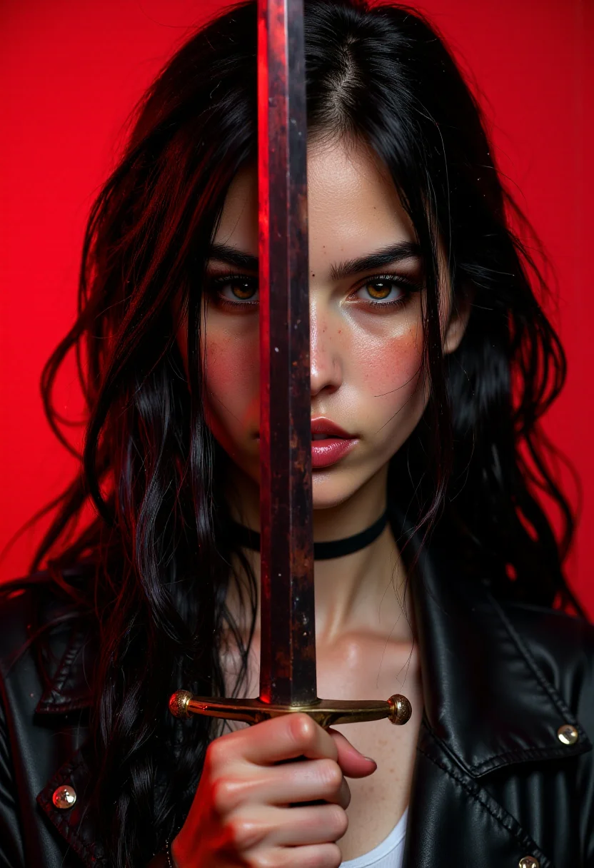 Portrait-style image featuring a woman with long, dark hair cascading over her shoulders, set against a vibrant red background. She holds a sword vertically in front of her face, the blade reflecting light. Her skin is fair, and she has distinct freckles across her nose and cheeks. Her eyes are closed, and she has a tattoo on her neck, partially visible. She wears a black, shiny jacket, adding to the dramatic and intense atmosphere of the image. The composition is striking, with a strong contrast between the red background and her dark attire, emphasizing the sword as a central element.
<lora:FluxMythP0rtr4itStyle:0.6> <lora:Midjourney_Dreamlike_Fantasy_FLUX_LoRA:0.6> <lora:Elden_Ring_-_Yoshitaka_Amano:0.33>