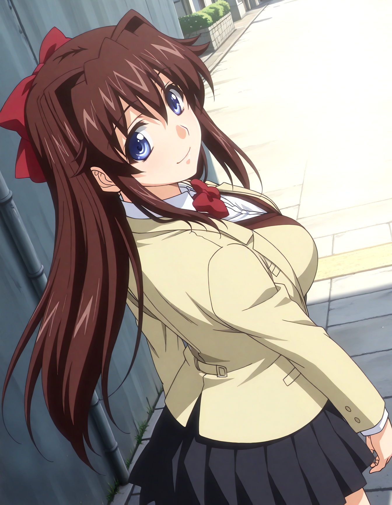 (1girl, solo:1.3), (2girls, 3girls, 4girls, multiple girls, 2boys, 3boys, 4boys, multiple boys:-1.5) <lora:Kuonji_Ningyo_Kojin_Jyugyou_-_Mippei_Suisou_Illustrious:0.9>, kuonji_ningyo, large breasts, blue eyes, brown hair, long hair, hair intakes, bangs, hair between eyes, long sidelocks, hair bow, hair ribbon, school uniform, blazer, long sleeves, brown vest, white shirt, red bow, open jacket, pleated skirt, black skirt, smile, (tongue out:0.7), open eyes, general, contrapposto, dynamic pose, , upper body, from behind, from above, dutch angle, , outdoors, town, street, back alley, <lora:NOOB_EPSv1_1_detailer_by_vlnvk_v1_0:1.5>, (photo background:0.7), evening, (tachibana yuu:0.6), inue shinsuke, (kazuma muramasa:0.0), saikawa yusa, (aoi manabu:0.6), abarerumidori, (suzui narumi:0.6), masterpiece, newest, absurdres, 8K, anime screenshot, anime coloring, flat color, official art, film grain, <lora:illustriousXLv01_stabilizer_v1.185c:0.7>, <lora:LECO_Solo:-4.0>,