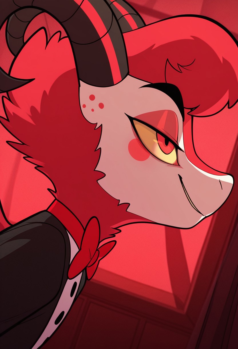 masterpiece, best quality, amazing quality, dazzle, solo, 1boy, Demon, goat horns, yellow sclera, red Eyes, Demon wings, red fur, tuxedo, red bowtie, bara, close-up, side angle, smirk