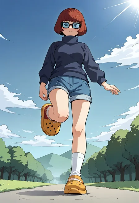 score_9, score_8_up, score_7_up, source_anime,
BREAK
1girl, velma, blue jacket, denim shorts, looking at viewer, from below, full body, standing, outdoors, perfect legs, perfect face, perfect eyes,
BREAK
yellow crocs, crocs, white socks, standing on one leg,
BREAK
hud_v4nspose, sky, foreshortening, perspective,