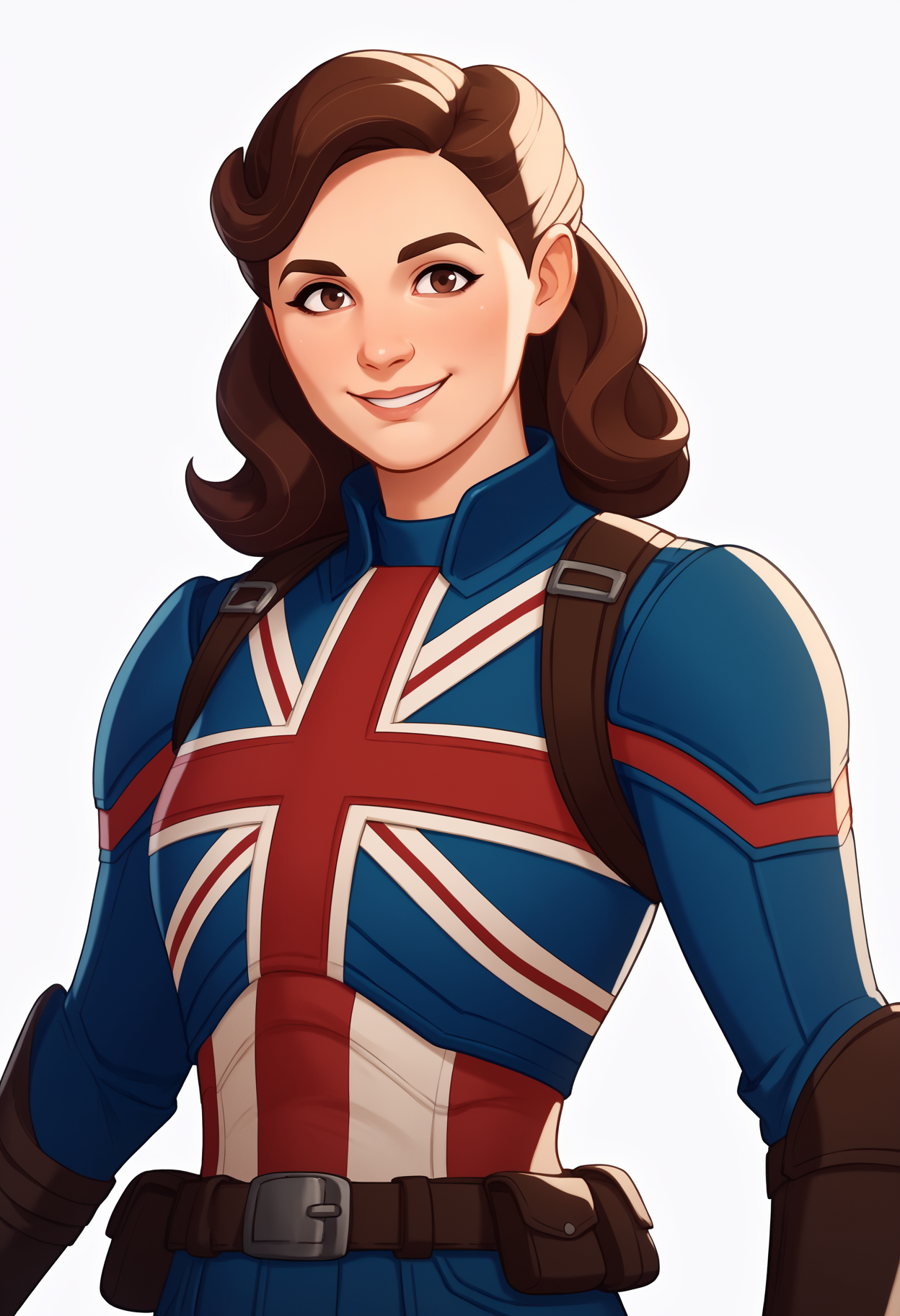 score_9, score_8_up, score_7_up, score_6_up, score_5_up, score_4_up, BREAK,
1girl, peggycarter, brown hair, long hair, brown eyes, makeup,
armor, belt,
smile, upper body, looking at viewer, solo, simple background, white background    <lora:CaptainCarterXL:1>