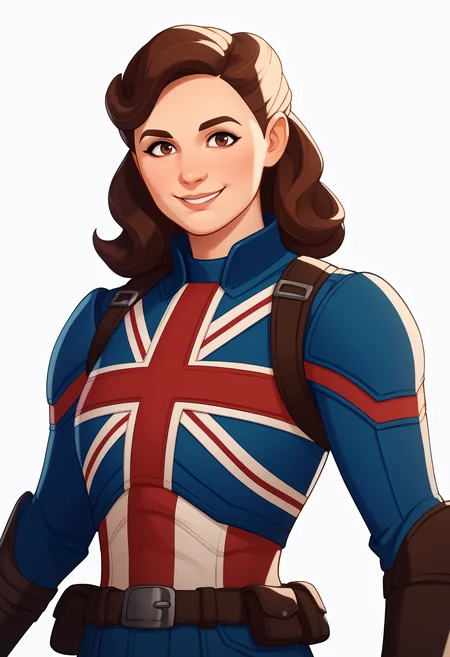 score_9, score_8_up, score_7_up, score_6_up, score_5_up, score_4_up, BREAK,
1girl, peggycarter, brown hair, long hair, brown eyes, makeup,
armor, belt,
smile, upper body, looking at viewer, solo, simple background, white background <lora:CaptainCarterXL:1>