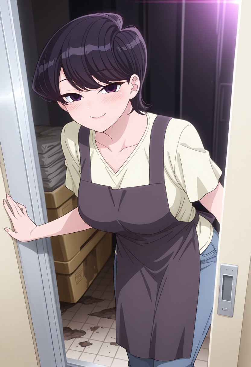 Rating 9, Rating 8, Rating 7, Rating 6, Rating 5, Rating 4, Masterpiece, Superior Quality, Amazing Quality, Masterpiece, Highest Quality, Ultra-detailed, Dynamic Angle, Dynamic Composition, Alone, white frame, maximum contrast, saturated color, bright colors, dynamic lighting,
1 girl, medium shot,vibrant colors, high contrast,
komishuukocnn, 1girl,black hair, short hair, bangs, purple eyes,mature female,
shirt, jeans, short sleeves,
Taking off her dark gray apron, inside a laundry room, pile of dirty clothes in the background, she is standing, looking at the viewer, blushing, sensual eyes, mischievous smile,