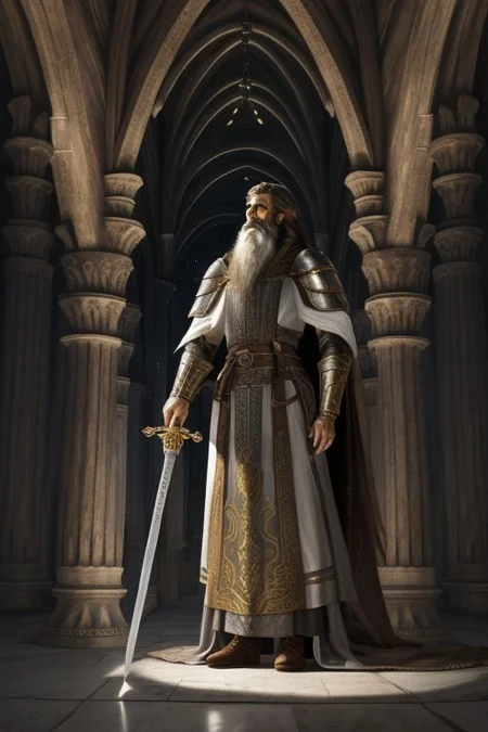 knight, armor, censer, incense, cathedral, bastard sword, man, bearded, brown and hair, brown and grey beard, medium beard, cross, pillars, marble structure, divine light