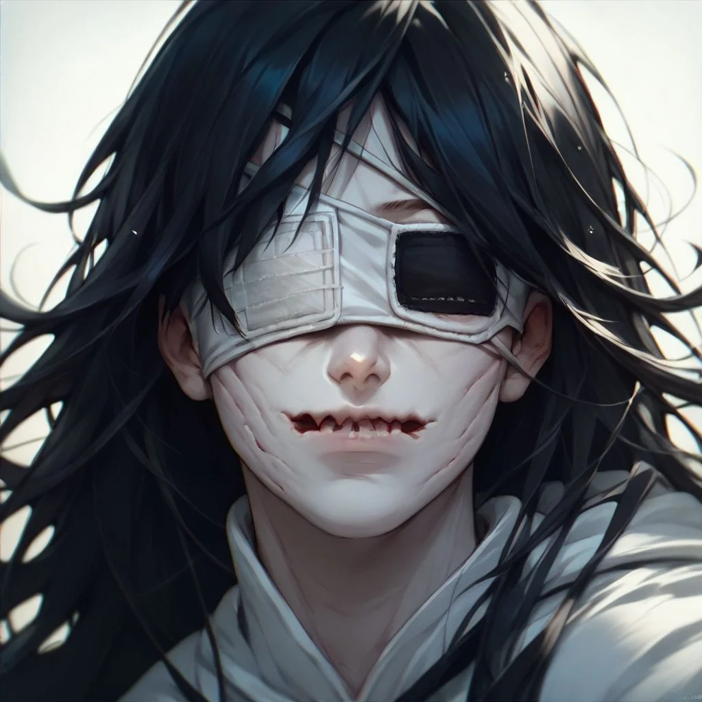 score_9, score_8_up, score_7_up, score_6_up, score_5_up, score_4_up, (pale white skin, eyebags, blue eyes, long black hair, slit mouth, white hoodie) soft colors, portrait , Jeff the killer
