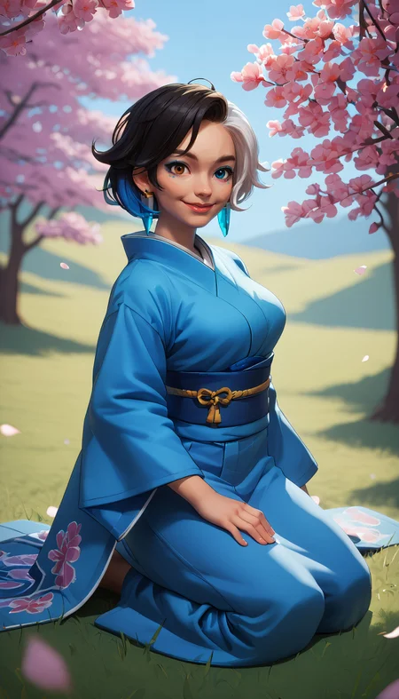 zPDXL3,<lora:LunarCAT_Style:.8>, <lora:LunaMR:.7>,
lunamr, woman, multicolored hair, black hair, heterochromia,makeup,brown eye, blue eye, earrings, blue kimono, sash, wide sleeves, looking at viewer, smiling, kneeling, on grass, cherry blossom, blue sky,