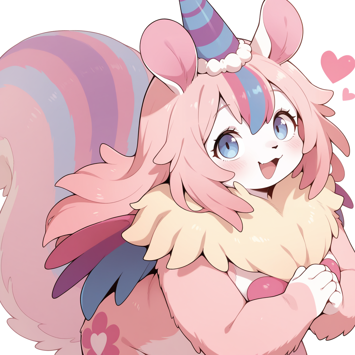 melffy mommy, party hat, solo, heart, blush, simple background, open mouth, white background, own hands together, smile, no humans, 1girl, animal focus, pink fur, animal nose,
masterpiece,best quality,amazing quality,very aesthetic,absurdres,newest,<lora:Melffy Mommy illuXL v1.1:0.75>,