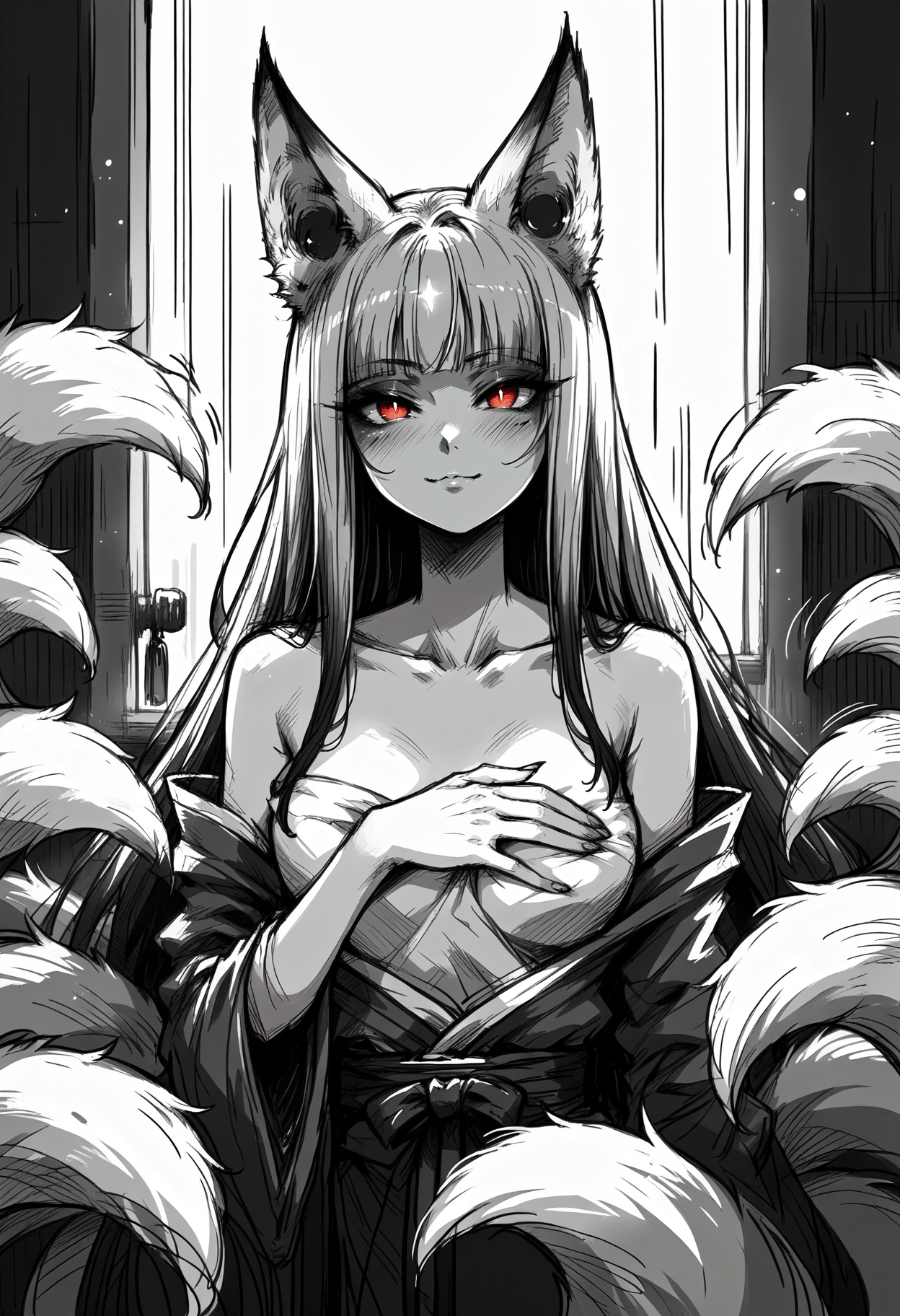 score_9, score_8_up,score_7_up, source_anime, 1girl, solo, 
seductive smile, blush, 
 monster girl, yokai fox girl, gradient skin , fox spirit personification,  pale skin,  red eyes, white  skin, blunt ends, blue eyes, eyeshadow, two-tone hair, white hair, silver hair ends, nine tails, glowing body, multiple tails, fox tail, fox ears,
in a tavern, dim lights ,
<lora:kttbr_pdxl_EliPot:1> katatebura, covering breasts,
<lora:messySketchStyle_v10DORA:1> hatching \(texture\), graphite (medium), monochrome, sketch, motion lines, emphasis lines,