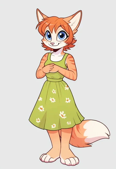 score_9, score_8_up, score_7_up, score_6_up, score_5_up, score_4_up, telegramstickerxl, cute, 2d, vector art, cartoon, (white outline), drop shadow, sticker, Vera,1girl, solo, furry female, short hair, orange hair, bangs, fox ears, perfect eyes, blue eyes, freckles, snout, animal nose, body fur, two-tone fur, orange fur, white fur, striped, fox tail, square pattern on dress, green sundress, green and orange color, barefoot, full body, front view, looking at the viewer, smile, focus on face, dynamic pose, 4k, 8k, Ultra HD, masterpiece, simple background.