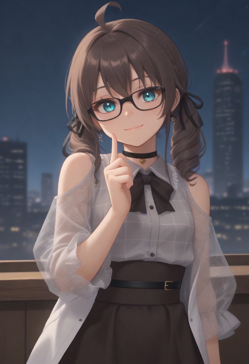 1girl, solo, solo focus, highres, absurdres, MatsuriMineGirl, brown hair, bangs, grey shirt, ahoge, twintails, black ribbon, black choker, hair between eyes, hair ribbon, brown skirt, shoulder cutout, collared shirt, flower earrings, black bowtie, blue eyes, white jacket, see-through sleeves, lace sleeves, plaid shirt, high-waist skirt, puffy short sleeves, medium hair, open jacket, small breasts, long sleeves, drill hair, black-framed eyewear, braid,
looking at viewer, evil smile, closed mouth, head tilt, hand up,
indoor, cityscape, neon lights, window, dark, night, night sky, 
light particles, backlighting, shade, light rays, lens flare, shiny skin, fine fabric emphasis,