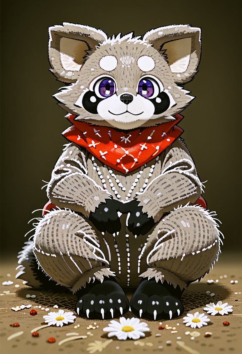 zuppu11, full body, solo, furry, score_9, score_8_up, look at viewer, male focus, no humans, furry male, flux-style, detailed eyes, rambley raccoon, sitting, flx$tyl3
