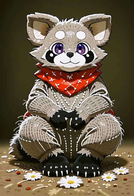 zuppu11, full body, solo, furry, score_9, score_8_up, look at viewer, male focus, no humans, furry male, flux-style, detailed eyes, rambley raccoon, sitting, flx$tyl3