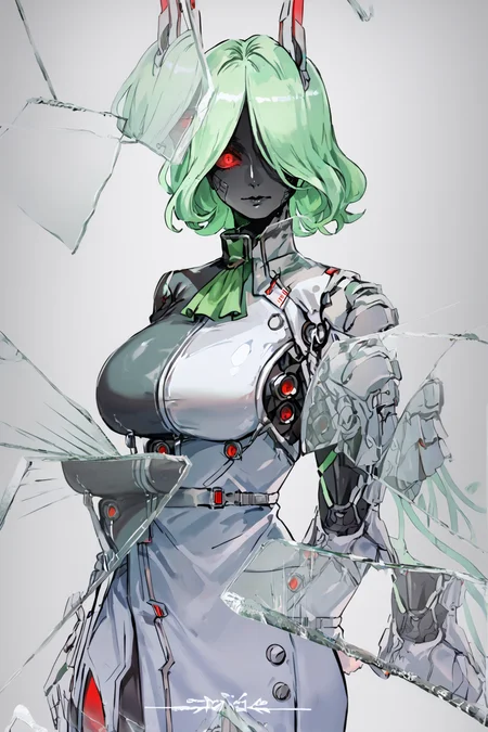 score_9, score_8_up, score_7_up, score_6_up, score_5_up, score_4_up, BREAK, source_anime, solo, 1girl, rating_safe, ((mature female)), ((long green flowing hair)), mechanical parts, (big backwards folded mechanical rabbit ears), mature female, (bunny ears), (animal ears), subdermal port, ((milf, mature female, big breasts)), hexagon lines in skin, naval uniform overcoat, naval uniform, white military uniform, dress_uniform, ribbons, ((red eyes)), bunny tail, rabbit tail, aiguillette, ((green hair)), ascot, ((Ground level (from the side) view Close shot (focus on feet))), latex pilot suit, shoulder cutout, bunny rabbit Tail, ((hair over one eye, )), digitigrade, clawed feet, minimal clothes, ((metal skin, shiny skin, vampire aesthetic, digital eyes, filled eyes, monochromatic eyes, glowing eyes, colored sclera, red sclera, mechanical eyes, partially shaded face, )), <lora:ECHANIS:1>, <lora:BreakingGlassXLPDCAME:1> IncrsXLBrknGls, broken glass, reflection, upper body