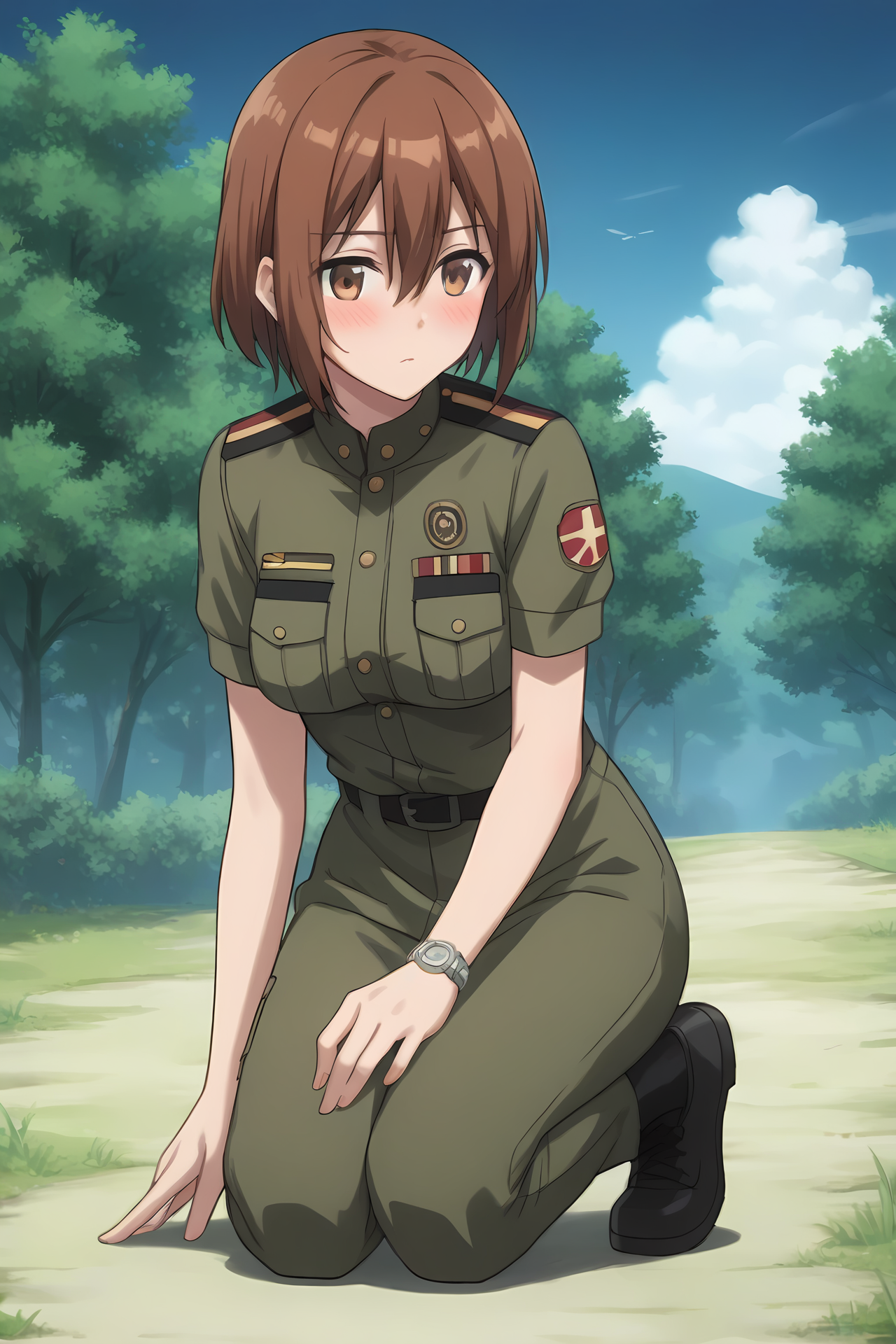 (military uniform:1.50), cpc-manami, short hair, brown hair, hair between eyes, brown eyes, wristwatch, 
medium breasts,
1girl, solo, skinny, (source_anime, score_9, score_8_up, score_8, score_7_up), score_7, score_6_up, score_6, score_5_up, score_5, 
(blush:1.40),
(night sky outdoors:1.10),
(full body:0.80), (:0.80),
<lora:cpc-manami-V04-000005:0.60>