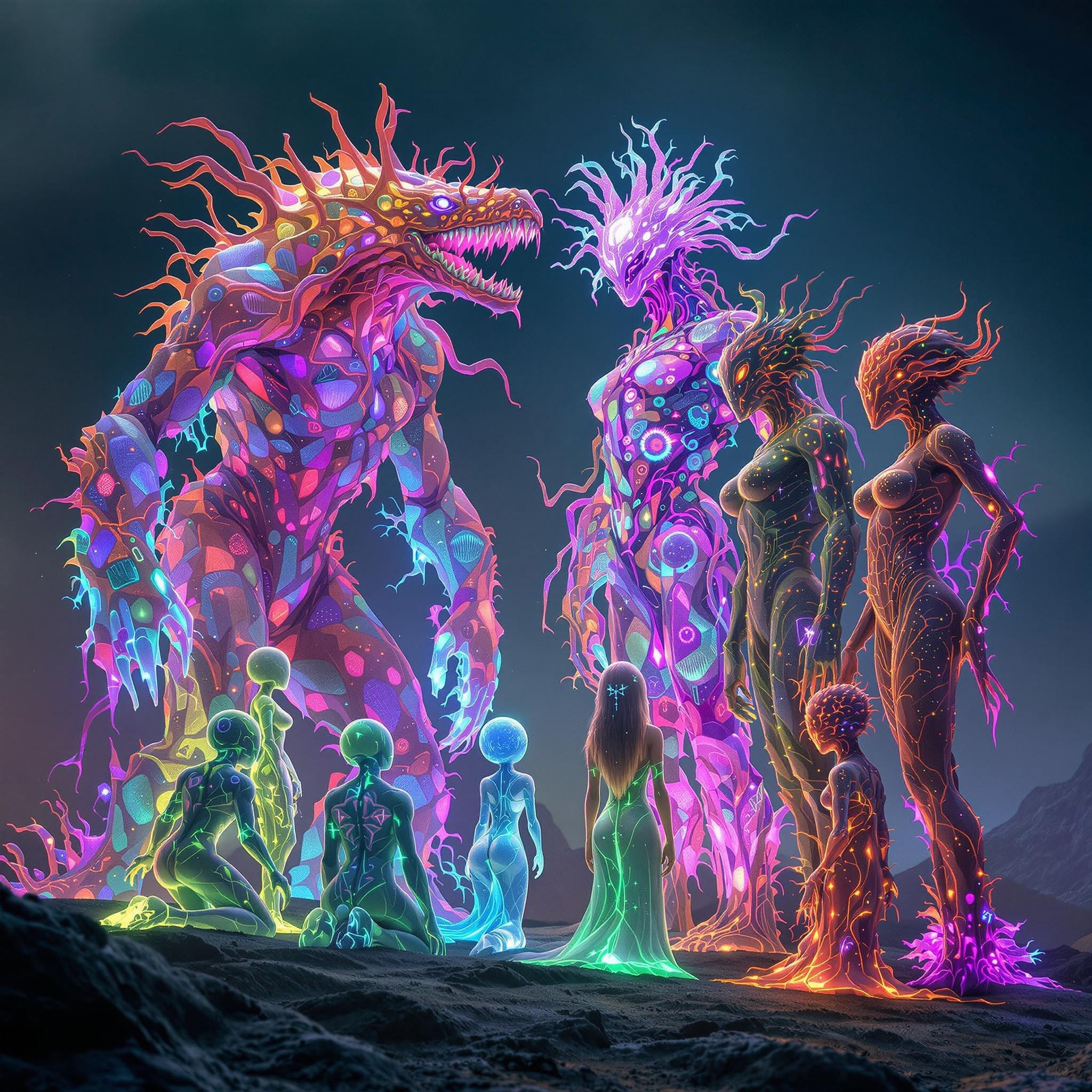 1 pawg archaea Humanoid, 1 male bacteria humanoid, 1 Protozoa Kaiju humanoid, and 1 fungi/Forest/elements/humanoid, 1 algae/neon/female humanoid, 1 viruses/parasite/creature humanoid, 1 Dinoflagellates/humanoid, the 7 are standing beside each other. 32k, 16k, 8k, masterpiece, Bioluminescence translucent body. They are kneeling at 1 bioluminescence translucent Neon pearl luminari body protocell Goddesses and 1 bioluminescence translucent Neon Galaxy luminari body protocell God.