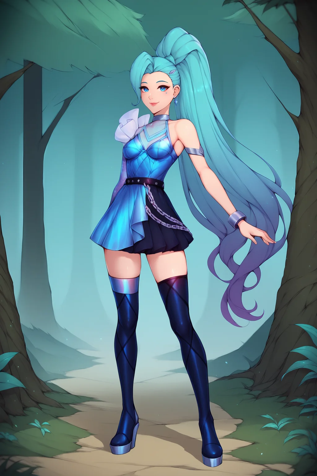 score_9, score_8_up, score_7_up, score_6_up, BREAK, SeraphineKDAAOXL, K/DA (league of legends), blue eyes, aqua hair, long hair, ponytail, bangs, medium breasts, single sleveless, blue dress, armlet, bracelet, black belt, black skirt, chain, black thigh boots, solo, full body, standing, seductive smile, looking at viewer, forest, tree <lora:SeraphineKDAAOXL:0.8>