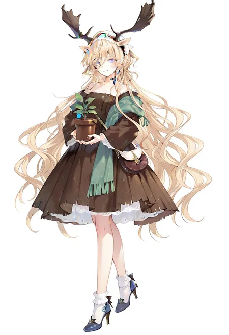 artist:Tsunako,(artist:miyase mahiro:0.6),(artist:ke-ta:0.8),masterpiece,best quality,amazing quality,1girl,viviana(arknights),viviana,viviana(EPOQUE),alternate costume,standing,full body,high heels,white background,smile,standing,holding,holding flowerpot,white socks,