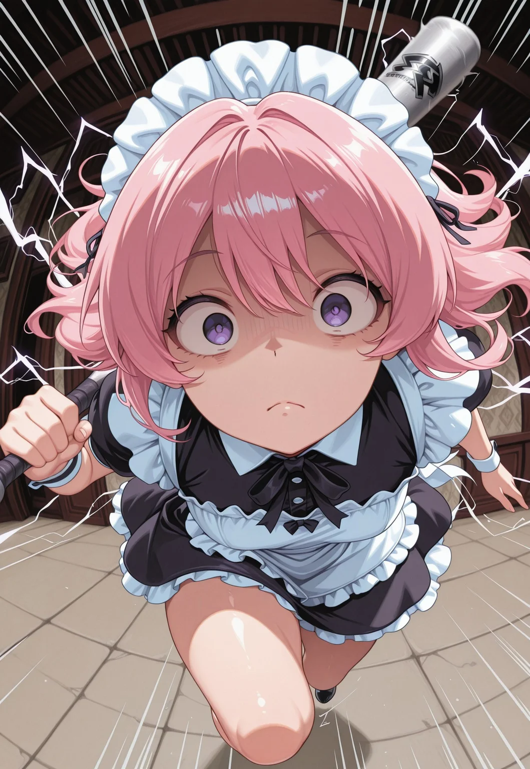 1girl, solo, CivChan, purple eyes, pink hair, maid, shaded face, wide eyed, closed mouth, looking at viewer, baseball bat, FlashSpeed, running, electricity, emphasis lines, weapon over shoulder, holding, fisheye, masterpiece, best quality, amazing quality,