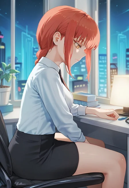 JTVeemo, score_9, score_8_up, score_7_up, masterpiece, best quality, absurdres, vibrant, highly detailed, 1girl, solo, Makima, tight white shirt, office skirt, (sitting on office chair:1.4), writing at the desk, tired face, paperworks, facing a single computer screen, office setting, night, dimlit, desk lamp on the side, window, city lights outside, from side