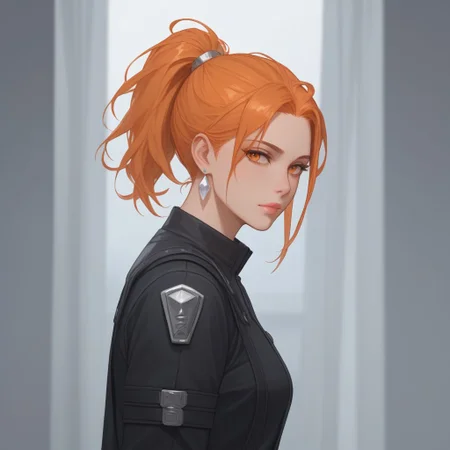 (score_9), (score_8_up), (score_7_up), (score_6_up), (score_5_up), (score_4_up), create an image of 1boyl, orange eyes, high ponytail, orange hair, ombre orange to white, gradient orange to white, one white hair streak, one white hairstreak right side, modern cyber clothes, white and black outfit, a lot of silver accessories, silver accessory, gemstone earrings, gloomy, Zyrnox style