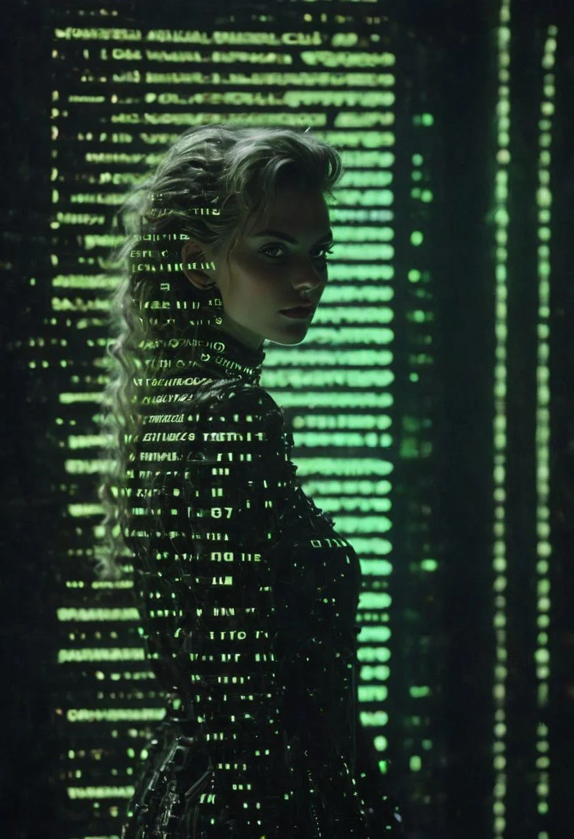 Full face Closeup Portrait, 80s-anime-ai ascii_art: 80s Sci-fi Art, Ethereal, spectral neon Gradient, 80s Sci-fi ascii_art, Claire, a sligthly freckled sophisticated 1980s lady with a flair for the extraordinary, steps out of her steampunk hotrod into the dimly lit alley outside the bar. Describe her entrance and the atmosphere surrounding this mysterious moment.
desaturated dark neon colors, metal details, vibrant colors, grain,
