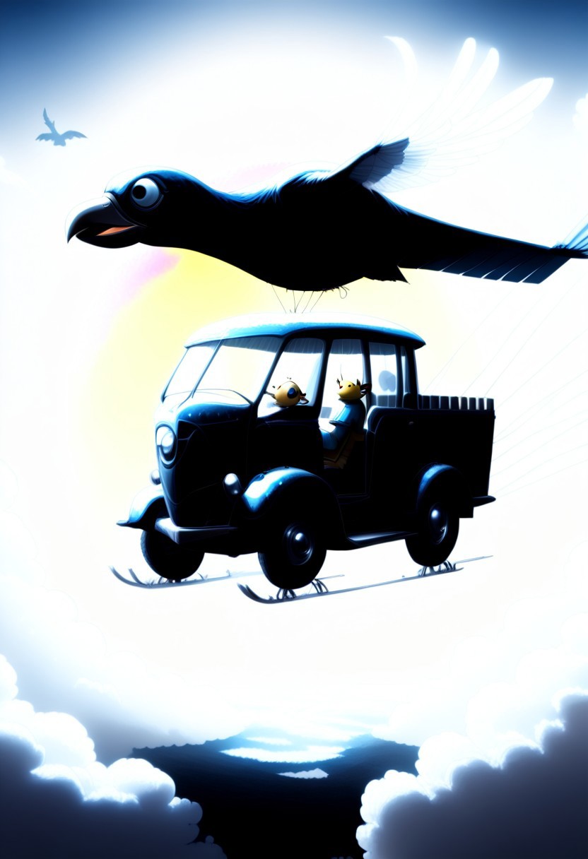 ppstorybook, A whimsical, flying van made of shingles with rainbow-colored paint and oversized wheels, soaring through the clouds with balloons made of shingles trailing behind, surrounded by fluffy clouds made of shingles and playful birds made of shingles , depicted in a cheerful, cartoonish style with soft pastel hues. mad-shingles