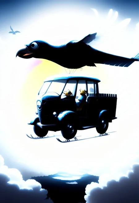 ppstorybook, A whimsical, flying van made of shingles with rainbow-colored paint and oversized wheels, soaring through the clouds with balloons made of shingles trailing behind, surrounded by fluffy clouds made of shingles and playful birds made of shingles , depicted in a cheerful, cartoonish style with soft pastel hues. mad-shingles