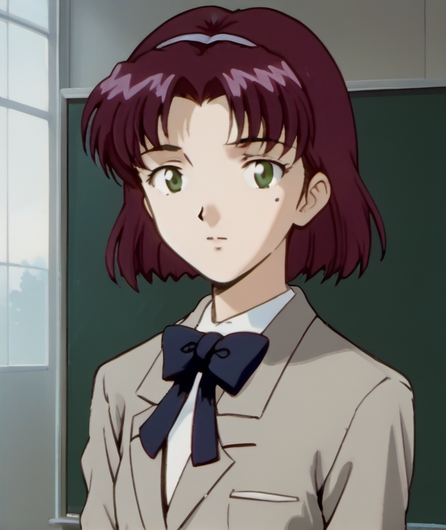 1girl, solo, rits4, school uniform, mole under eye, purple hair, short hair, green eyes, bow, young, <lora:rits4:1>,