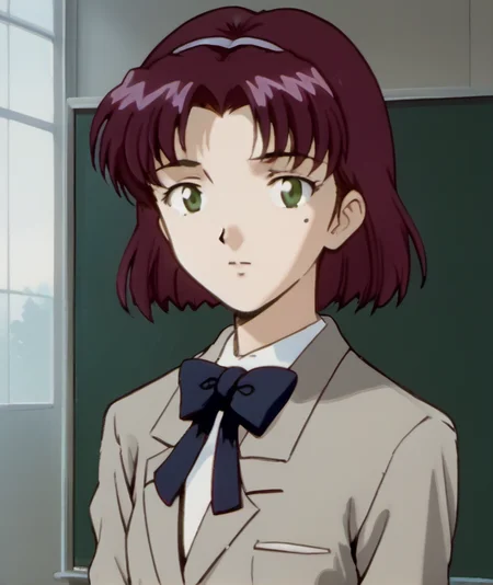 1girl, solo, rits4, school uniform, mole under eye, purple hair, short hair, green eyes, bow, young, <lora:rits4:1>,